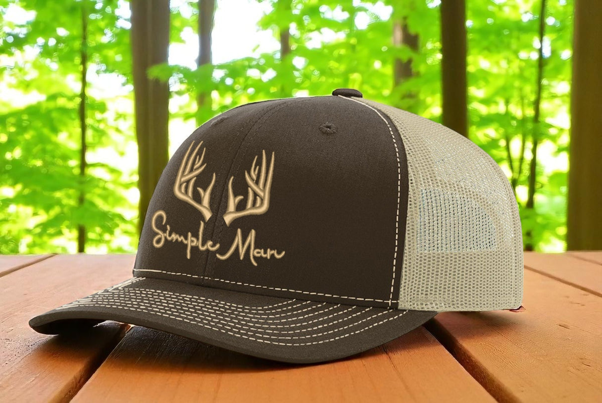 Simple Man Deer with Antlers Embroidered Adjustable Snap Back Trucker Hat Cap