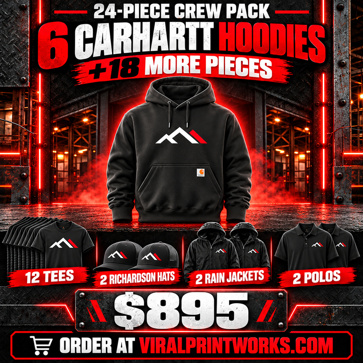 Carhartt 24-piece custom crew pack: six hoodies, 12 tees, two Richardson hats, two rain jackets, two polos; $895