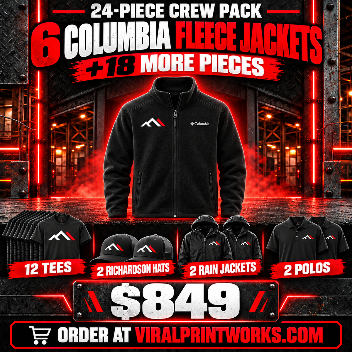 Columbia 24-piece custom crew pack: six fleece jackets, 12 tees, two Richardson hats, two rain jackets, two polos; $849
