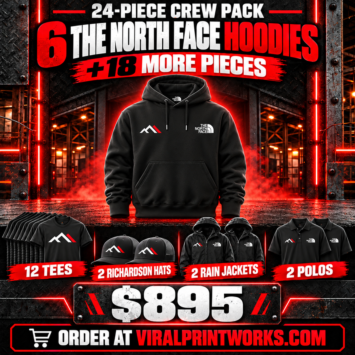 The North Face 24-piece custom crew pack: six hoodies, 12 tees, two Richardson hats, two rain jackets, two polos; $895