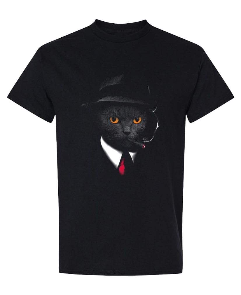 Secret Agent Cat — Black T-Shirt — front