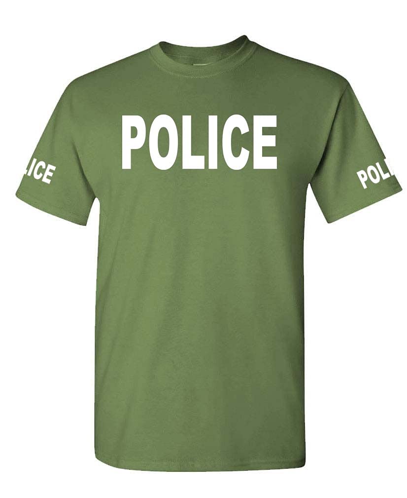 Police Front and Sleeve Lettering — Military Green T-Shirt — front