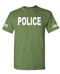 Police Front and Sleeve Lettering — Military Green T-Shirt — front