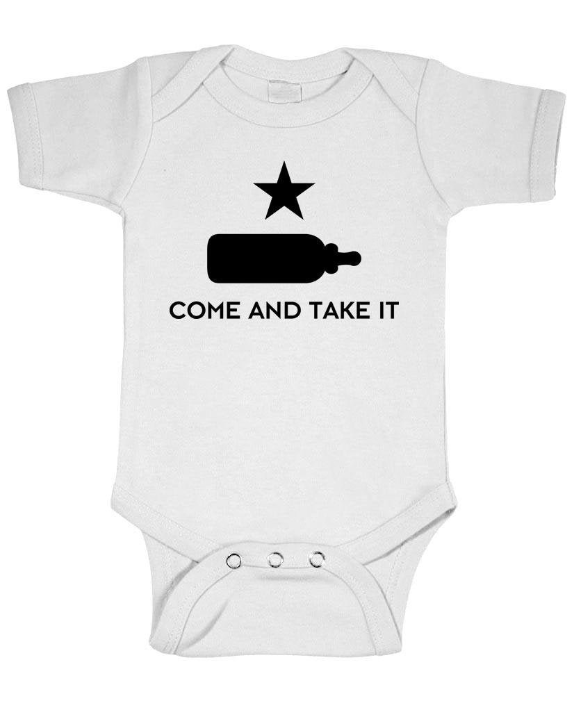 Come and Take It Baby Bottle — White Infant Bodysuit — front