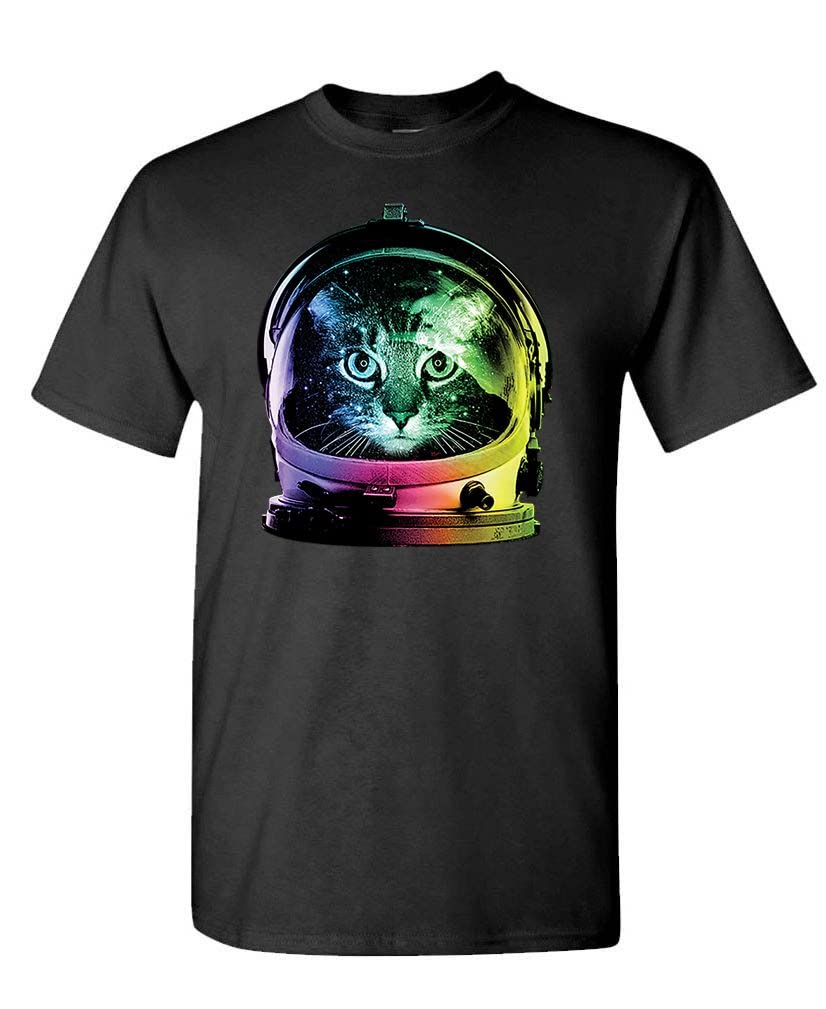 Neon Space Cat — Black T-Shirt — front