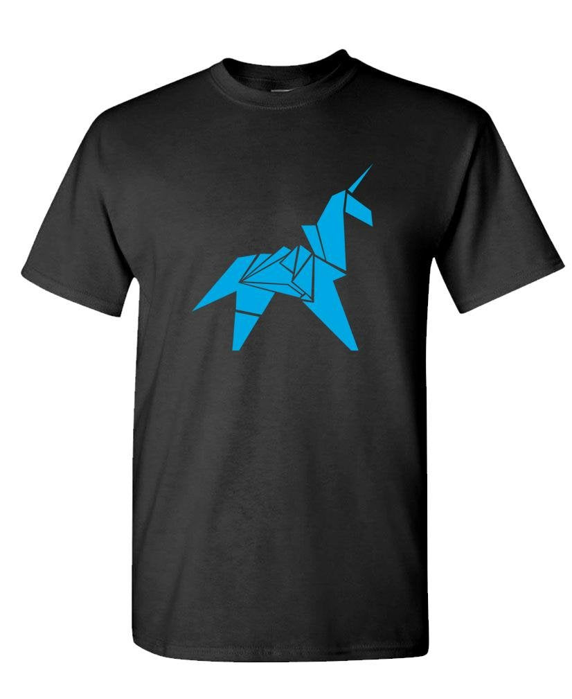 Blue Origami Unicorn — Black T-Shirt — front