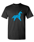 Blue Origami Unicorn — Black T-Shirt — front