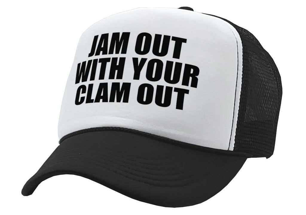 Jam Out with Your Clam Out — Black Trucker Hat — product angle 1