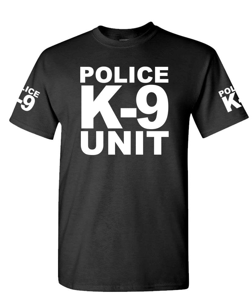 Police K-9 Unit Front and Sleeve Lettering — Black T-Shirt — front