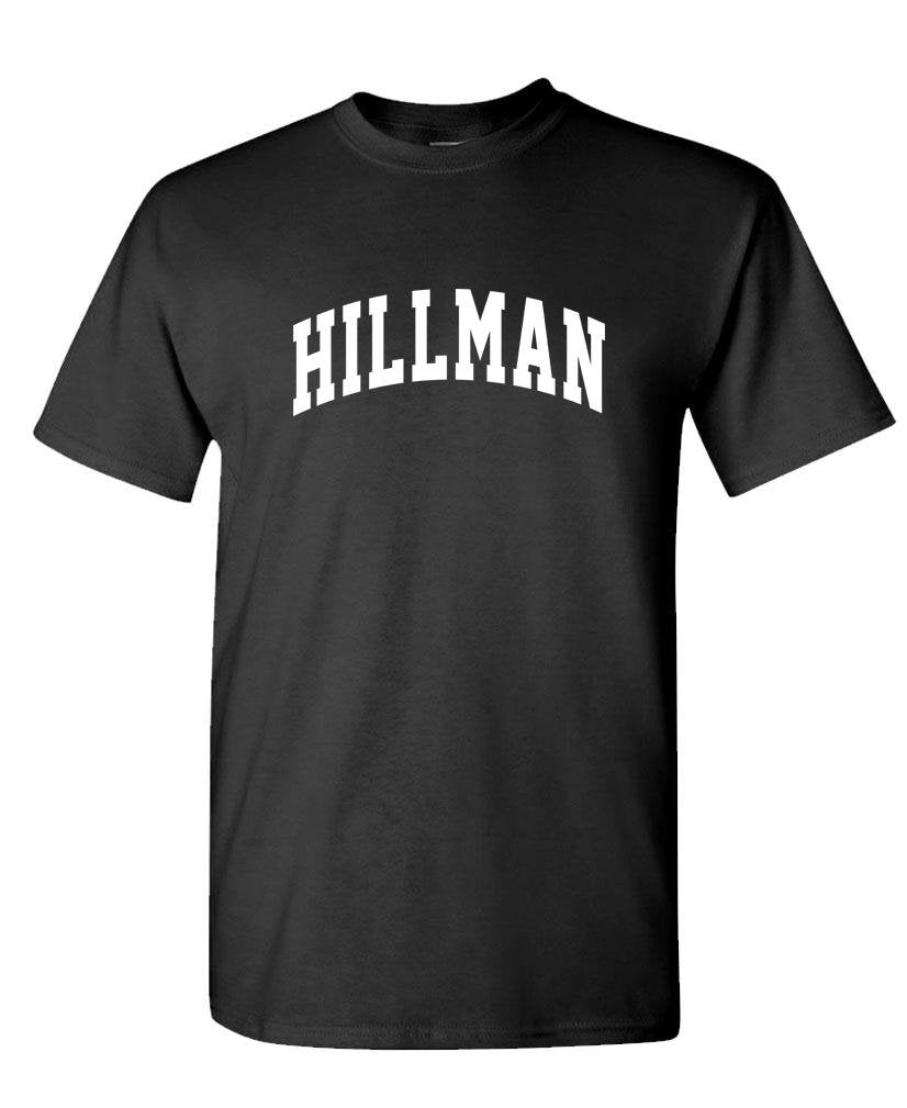 Hillman Collegiate Lettering — Black T-Shirt — front