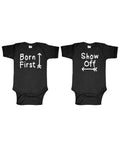 Born First and Show Off Twin Set — Black Two Infant Bodysuit Set — front