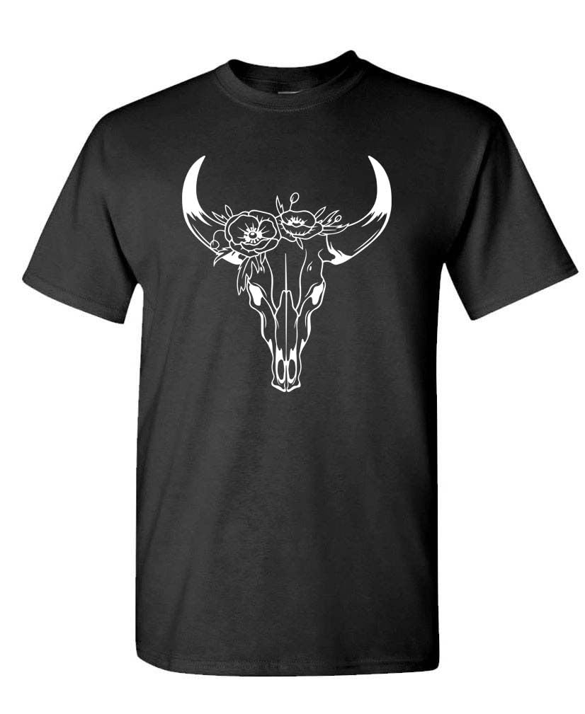 Floral Bull Skull — Black T-Shirt — front