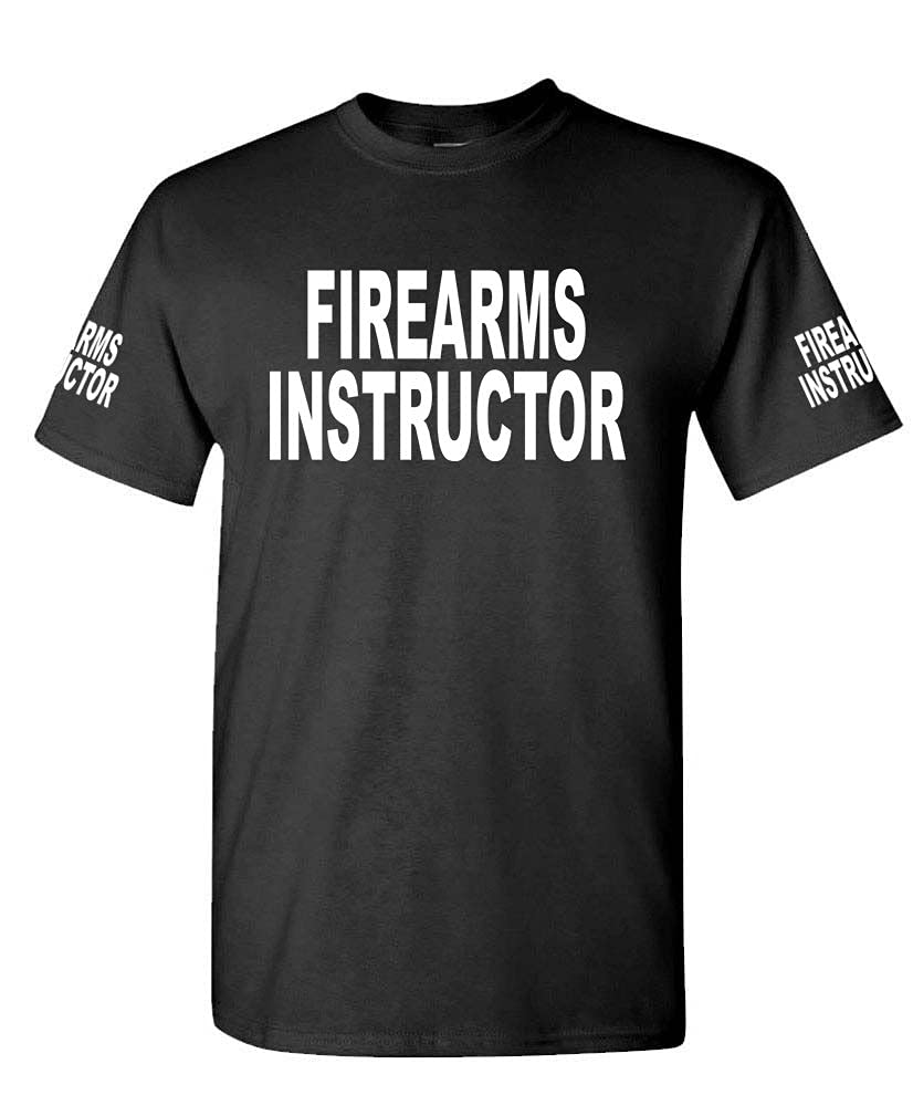 Firearms Instructor Front and Sleeve Lettering — Black T-Shirt — front