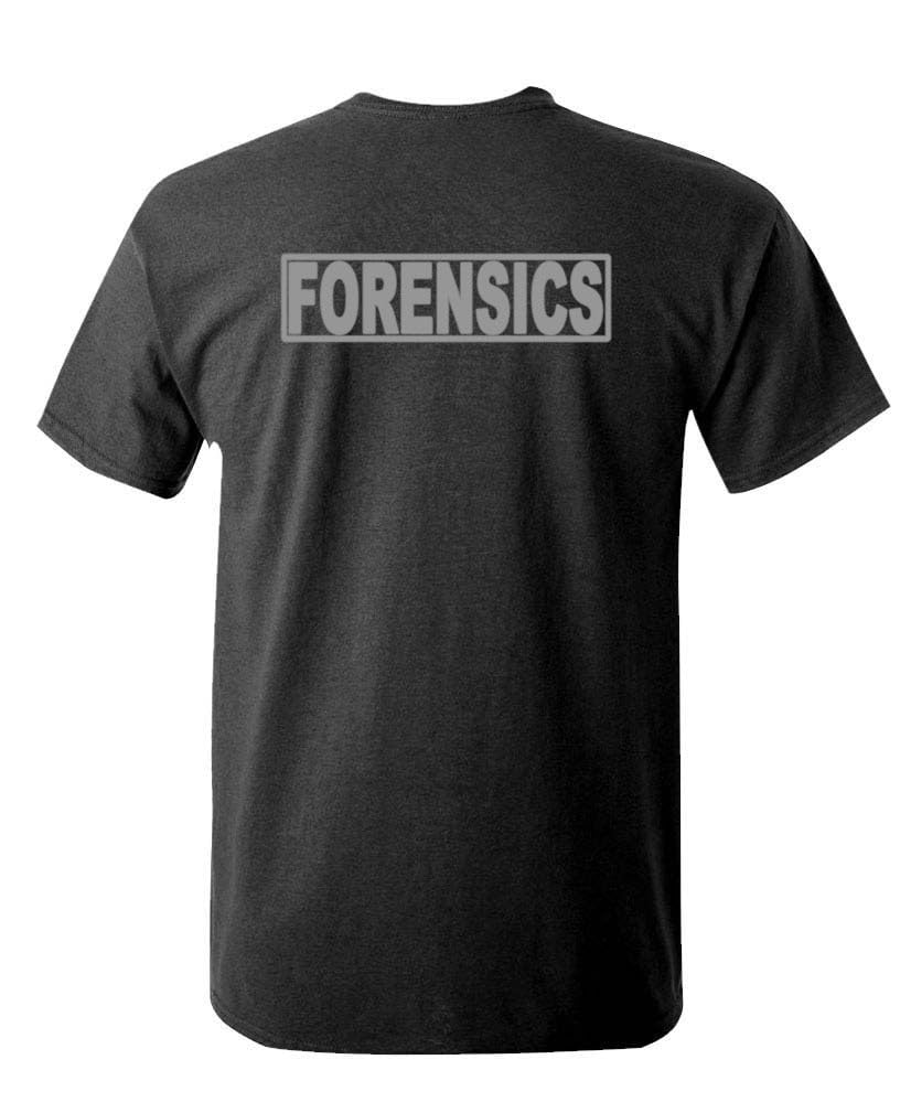 Forensics Front and Sleeve Print — Black T-Shirt — back 1