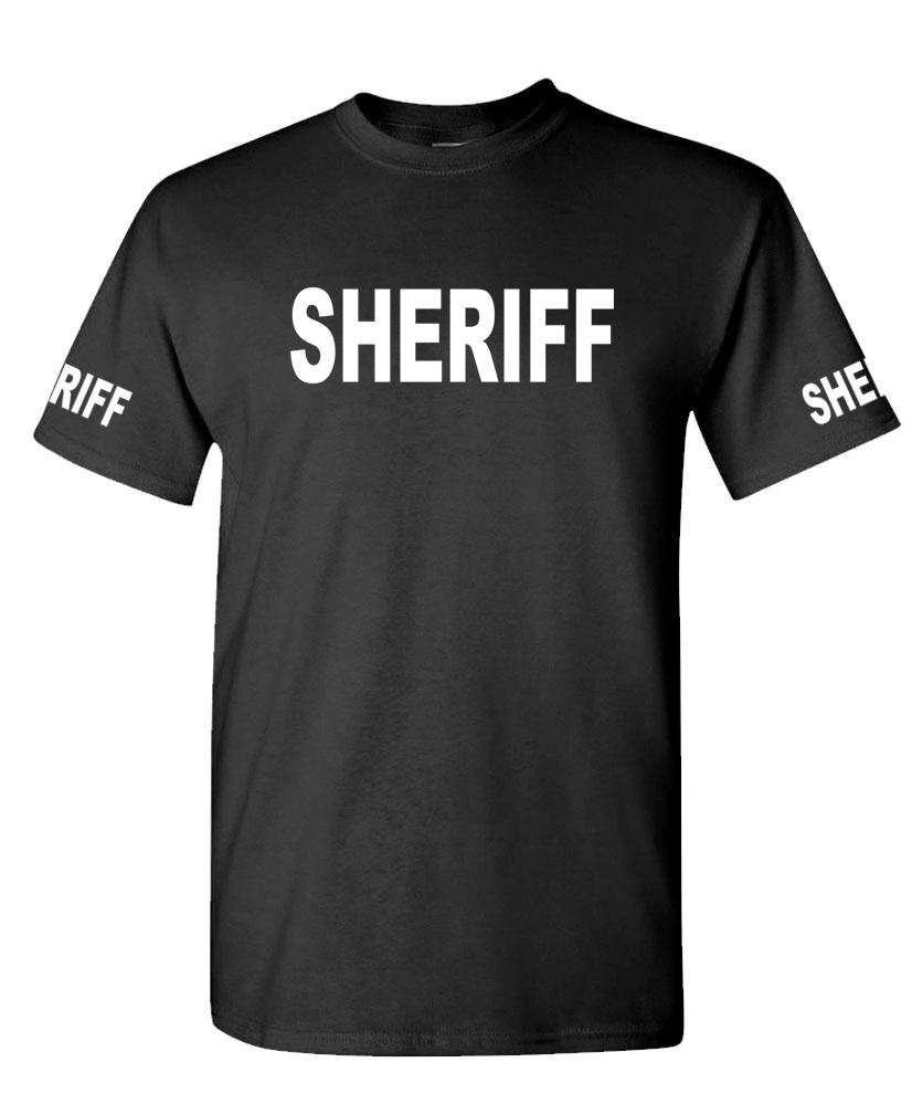 Sheriff Front and Sleeve Lettering — Black T-Shirt — front
