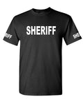 Sheriff Front and Sleeve Lettering — Black T-Shirt — front