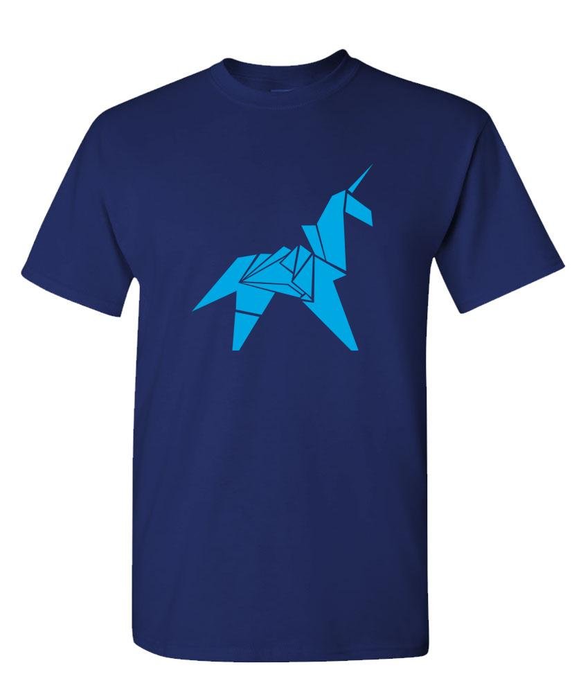 Blue Origami Unicorn — Navy T-Shirt — front