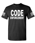 Code Enforcement Front and Sleeve Lettering — Black T-Shirt — front
