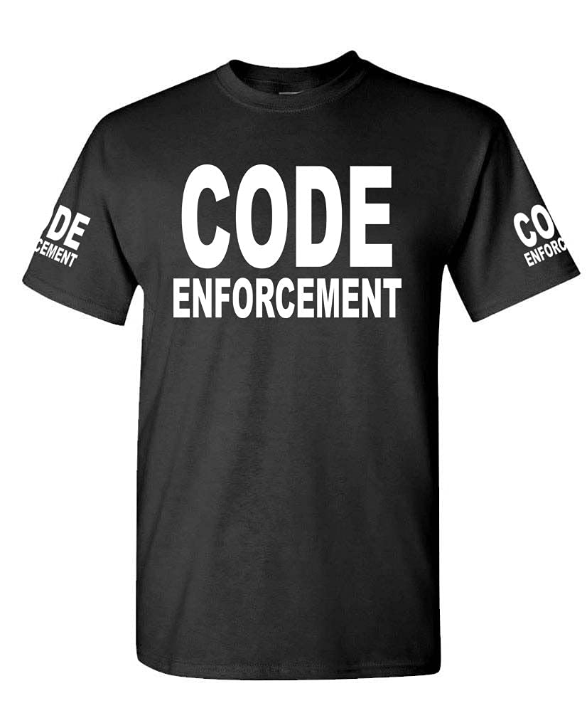 Code Enforcement Front and Sleeve Lettering — Black T-Shirt — front