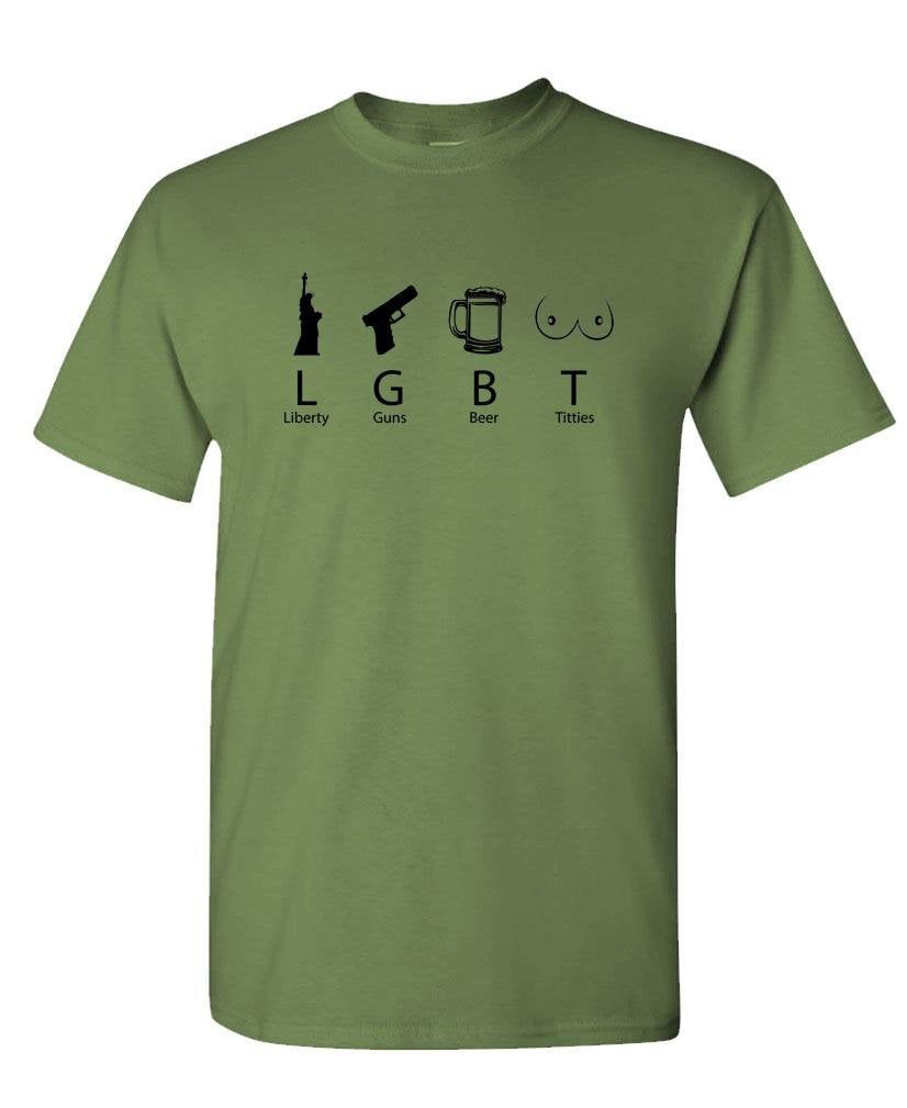 Liberty Guns Beer and Titties — Military Green T-Shirt — front