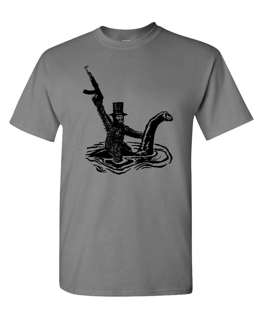 Bigfoot Riding a Lake Monster — Charcoal T-Shirt — front