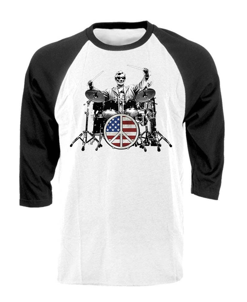 Lincoln on Drums — Black Baseball Raglan Shirt — front