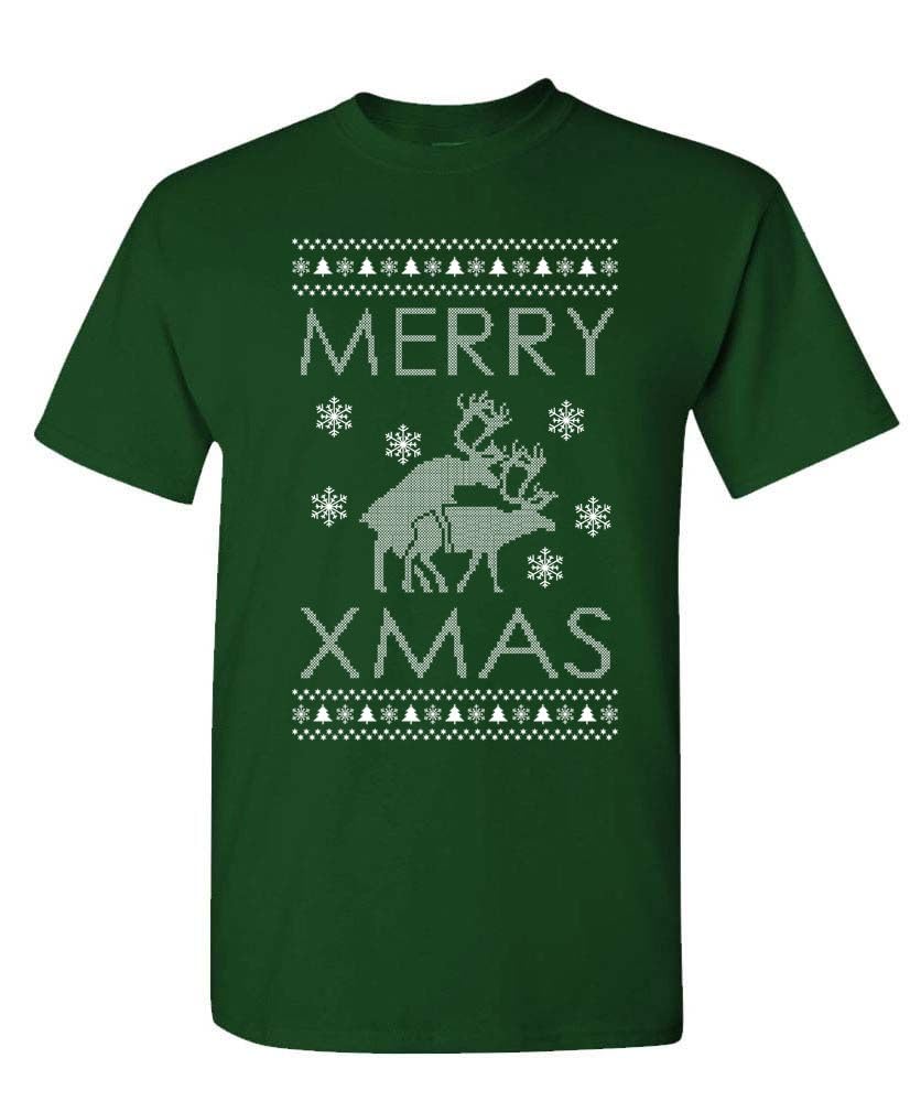 Hilarious Humping Reindeer Ugly Christmas Design — Forest Green T-Shirt — front