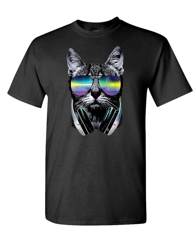 Neon DJ Cat — Black T-Shirt — front