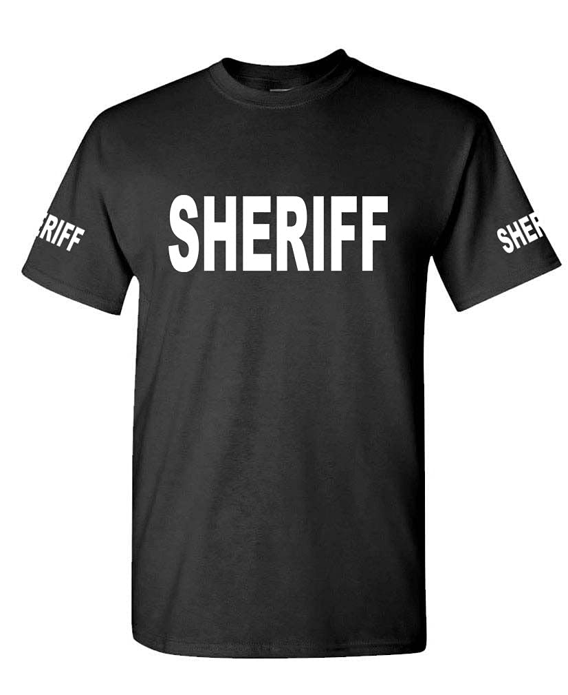 Sheriff Front and Sleeve Lettering — Black T-Shirt — front