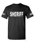 Sheriff Front and Sleeve Lettering — Black T-Shirt — front