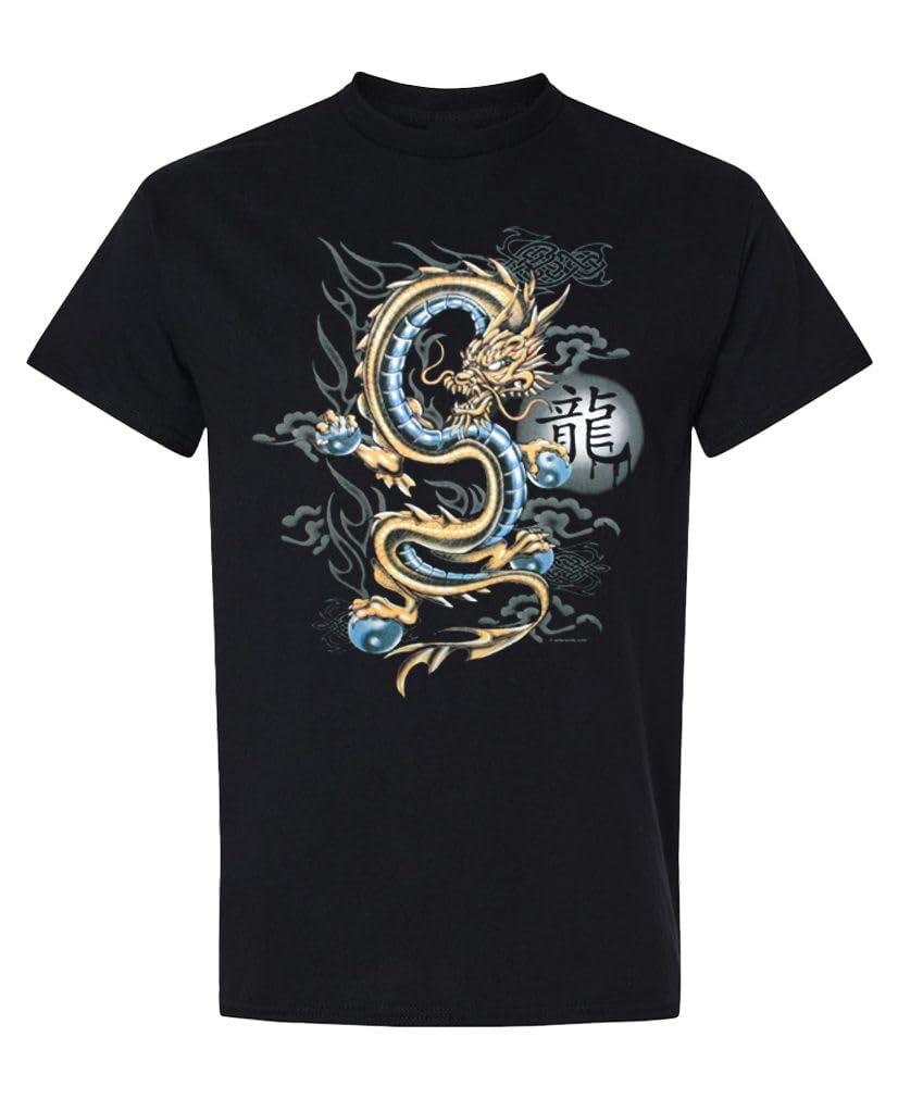 Blue and Gold Dragon — Black T-Shirt — front