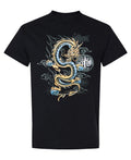 Blue and Gold Dragon — Black T-Shirt — front