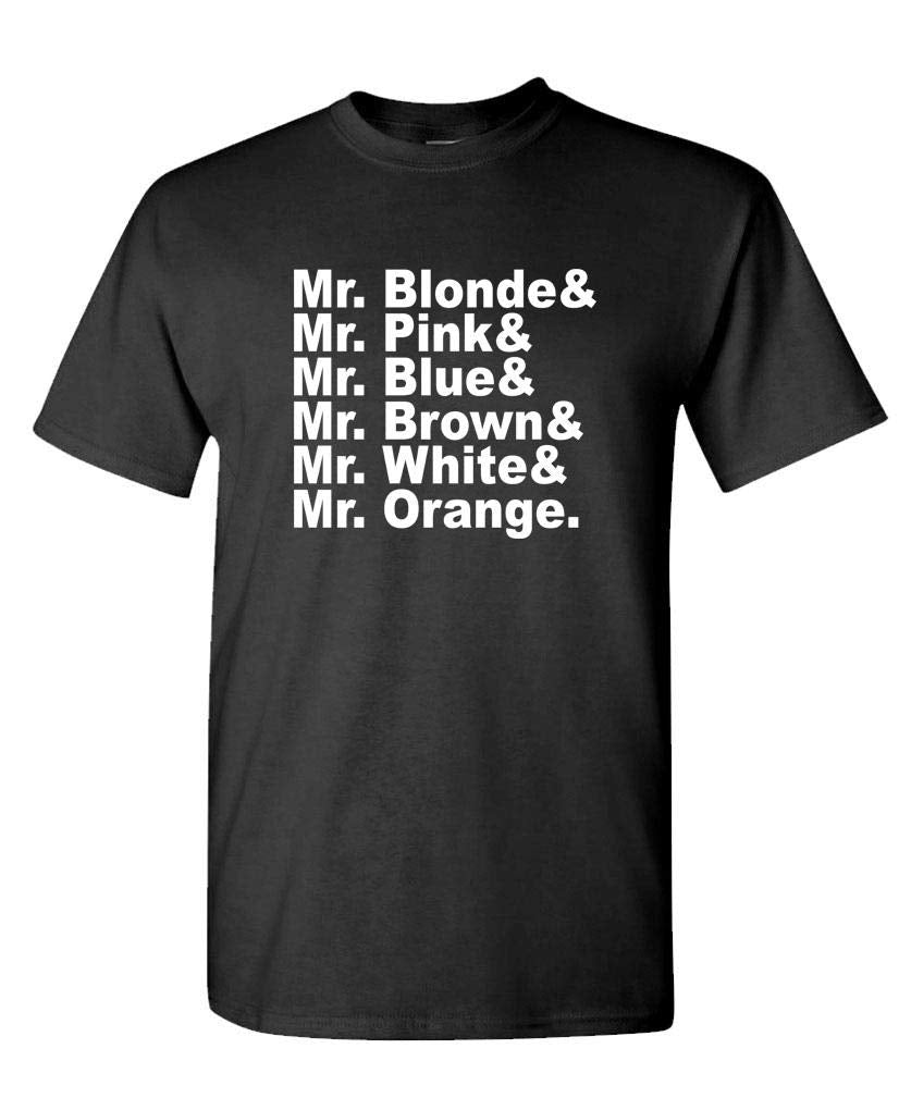 Mr Blonde Pink Blue Brown White Orange Names — Black T-Shirt — front