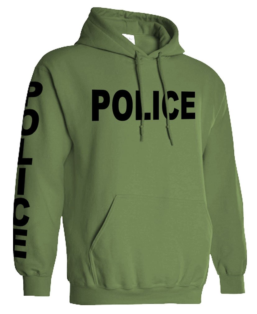 Police Front and Sleeve Lettering — Military Green Hoodie — front