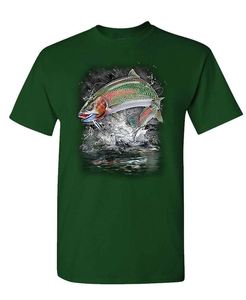 Jumping Rainbow Trout — Forest Green T-Shirt — front