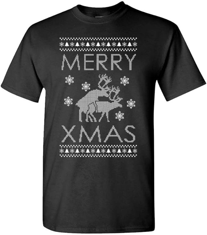 Hilarious Humping Reindeer Ugly Christmas Design — Black T-Shirt — front