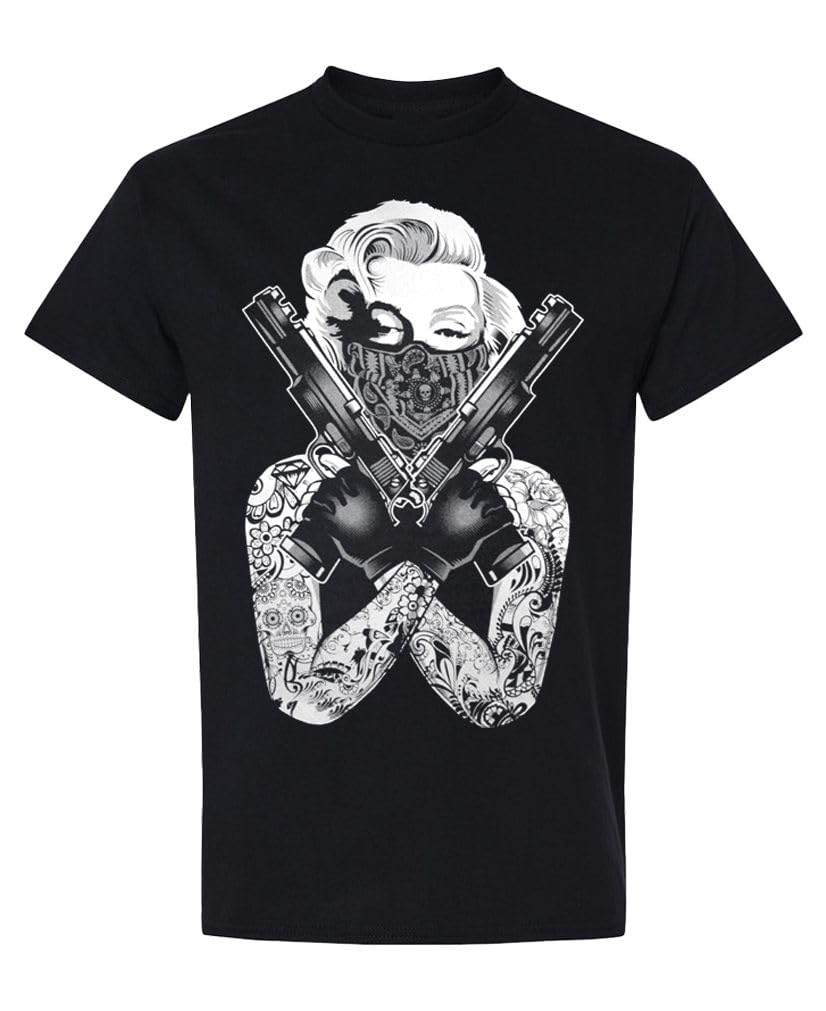 Bandana Portrait with Crossed Pistols — Black T-Shirt — front