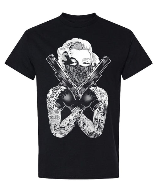 Bandana Portrait with Crossed Pistols — Black T-Shirt — front