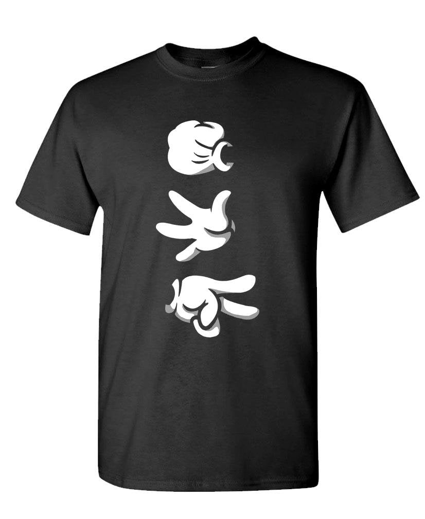 Rock Paper Scissors Cartoon Hands — Black T-Shirt — front
