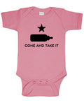 Come and Take It Baby Bottle — Pink Infant Bodysuit — front