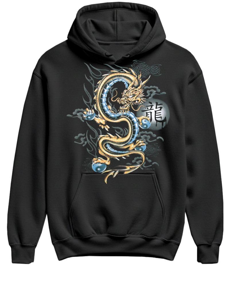 Blue and Gold Dragon — Black Hoodie — front