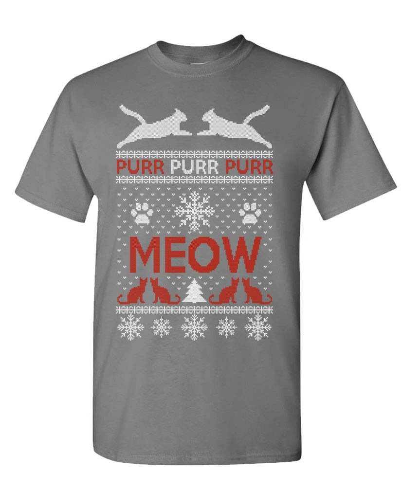 Cats Meow and Purr Ugly Christmas Sweater Design — Charcoal T-Shirt — front