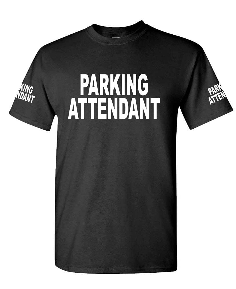 Parking Attendant Front and Sleeve Lettering — Black T-Shirt — front