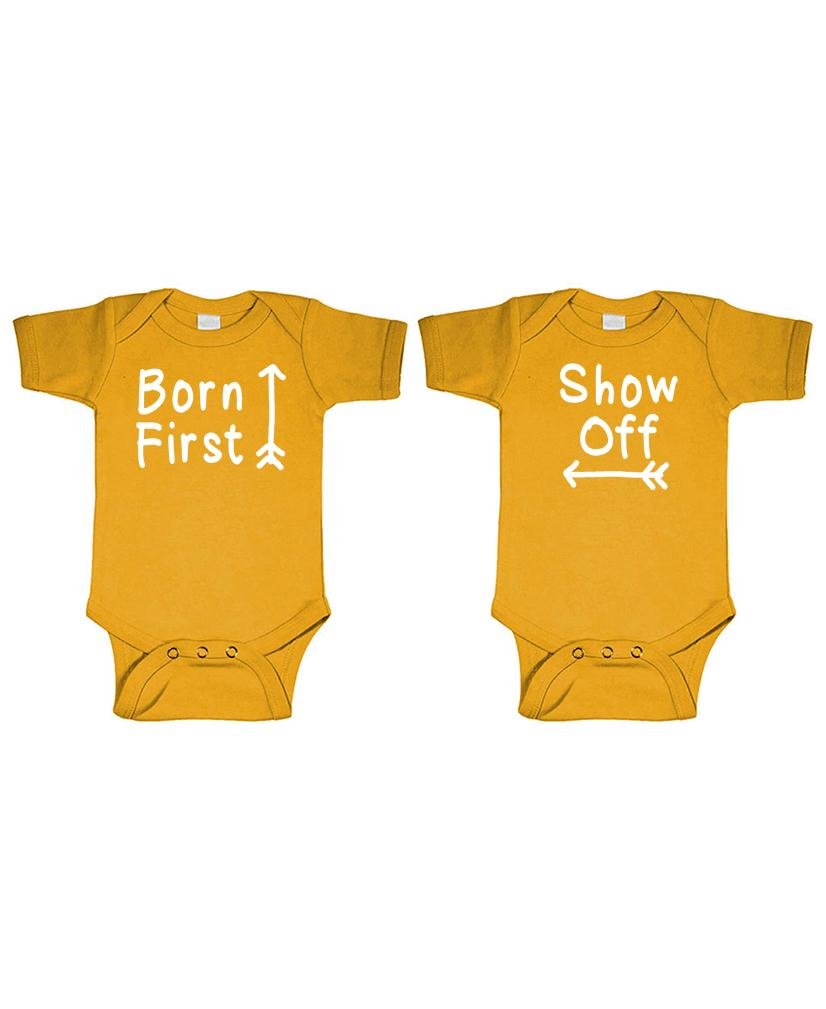 Born First and Show Off Twin Set — Gold Two Infant Bodysuit Set — front