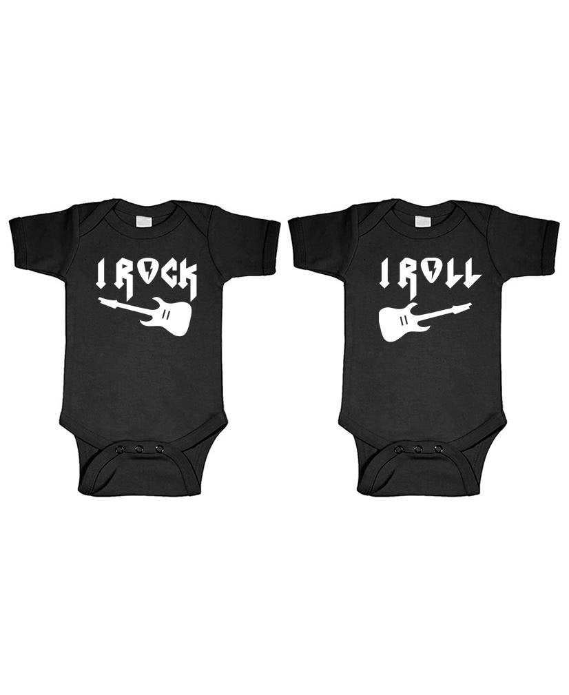 I Rock and I Roll Twin Set — Black Two Infant Bodysuit Set — front