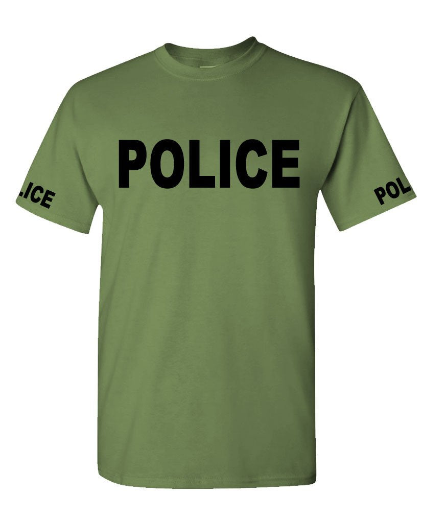 Police Front and Sleeve Lettering — Military Green T-Shirt — front