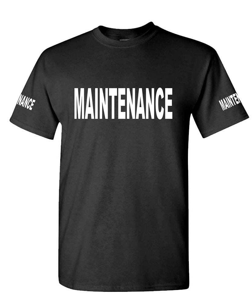 Maintenance Front and Sleeve Lettering — Black T-Shirt — front