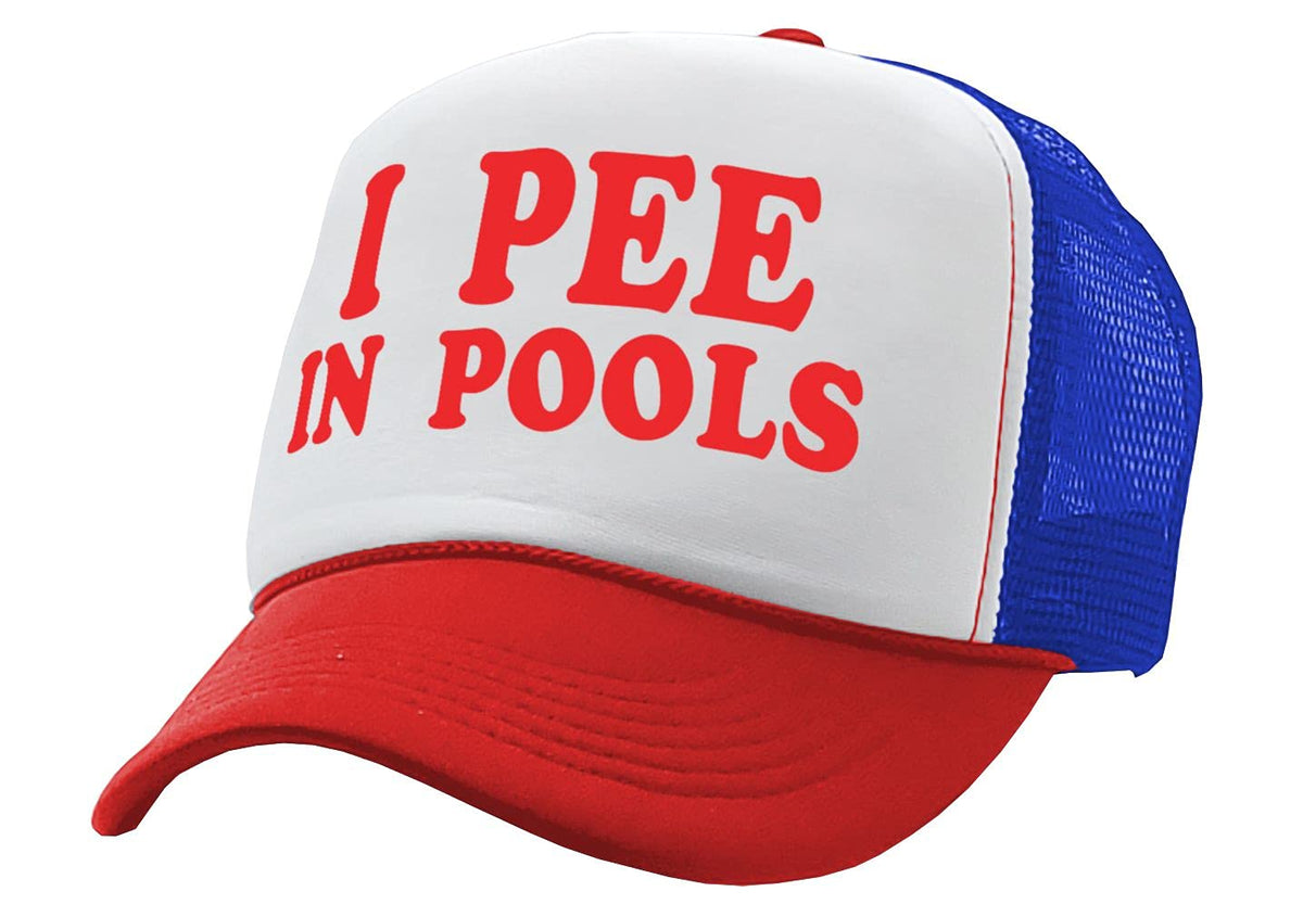 I Pee in Pools — Red White Blue Trucker Hat — front