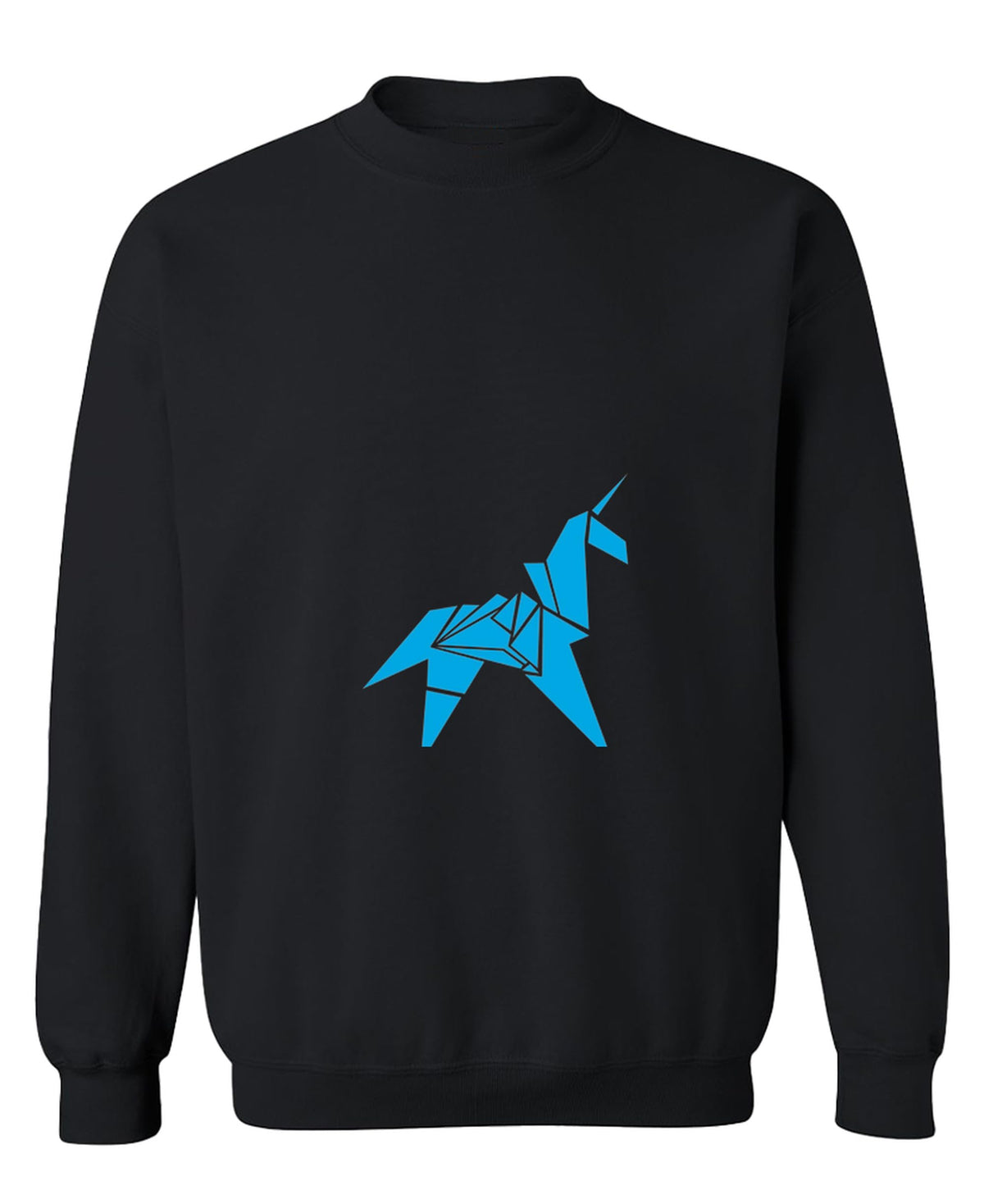 Blue Origami Unicorn — Black Sweatshirt — front