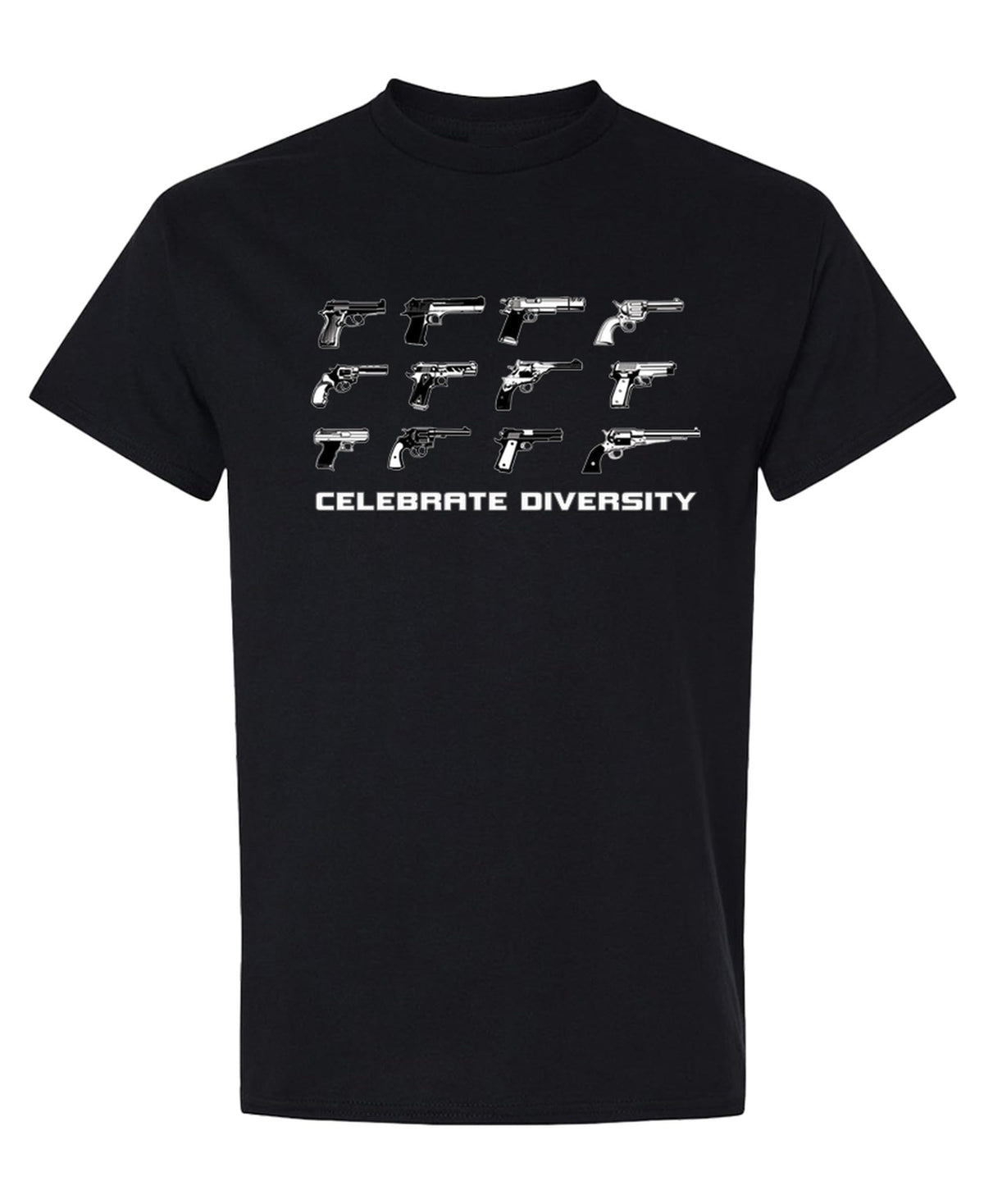 Celebrate Diversity Pistols — Black T-Shirt — front